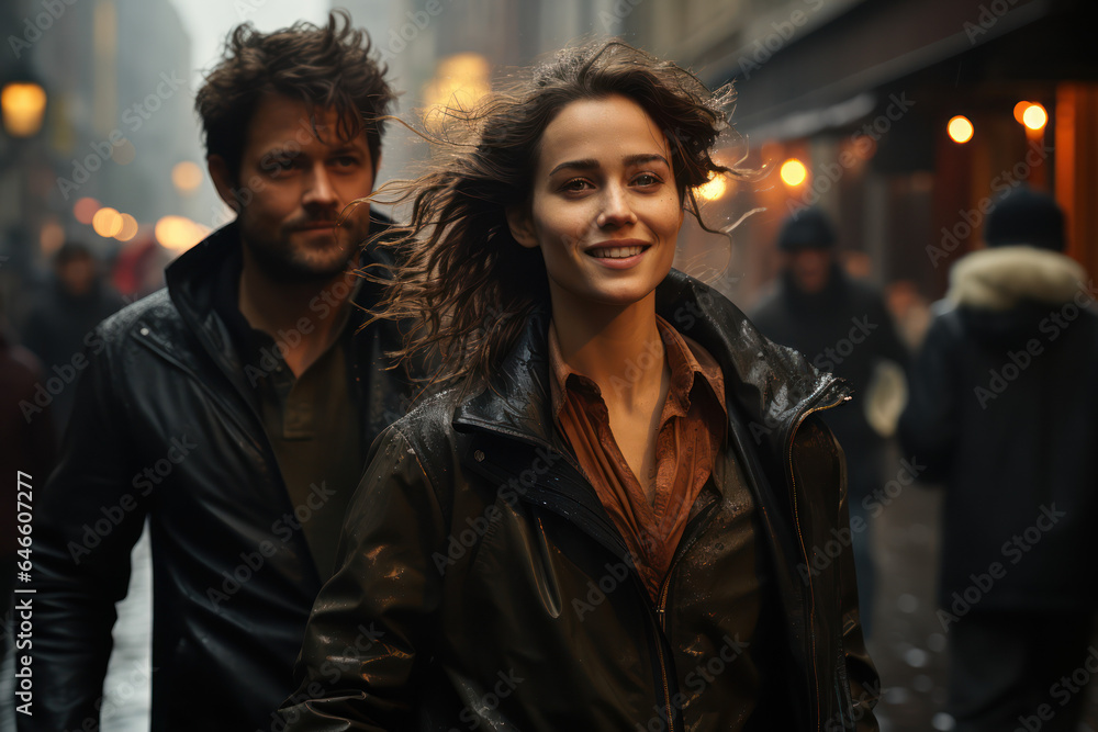 Urban Exploration. Couple walking through a bustling city street, embodying the energetic and dynamic city lifestyle. Generative AI. Urban Exploration. Couple walking through a bustling city street, embodying the energetic and dynamic city lifestyle. Generative AI.