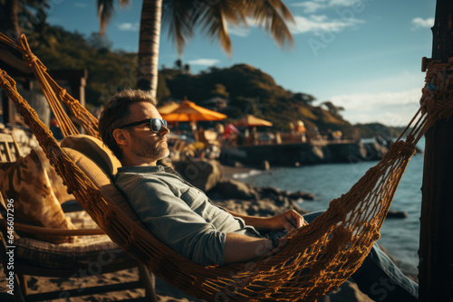 Relaxation by the Beach. Individual lounging on a hammock by the ocean, capturing the leisurely and laid-back beach lifestyle. Generative AI.