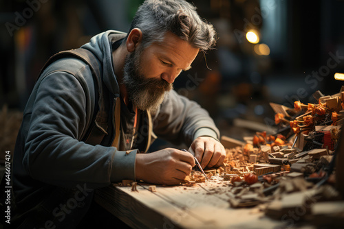 Artisan Craftsmanship. Craftsman working on a woodworking project, showcasing the dedication to handcrafted creations. Generative AI.