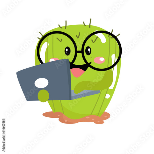 vector cute cactus using laptop character illustration