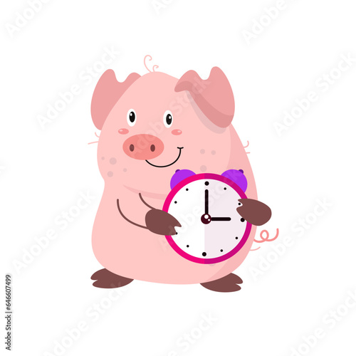 vector cute pig holding alarm clock cartoon vector icon illustration