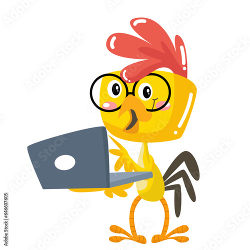 vector cute chick using laptop cartoon vector icon illustration