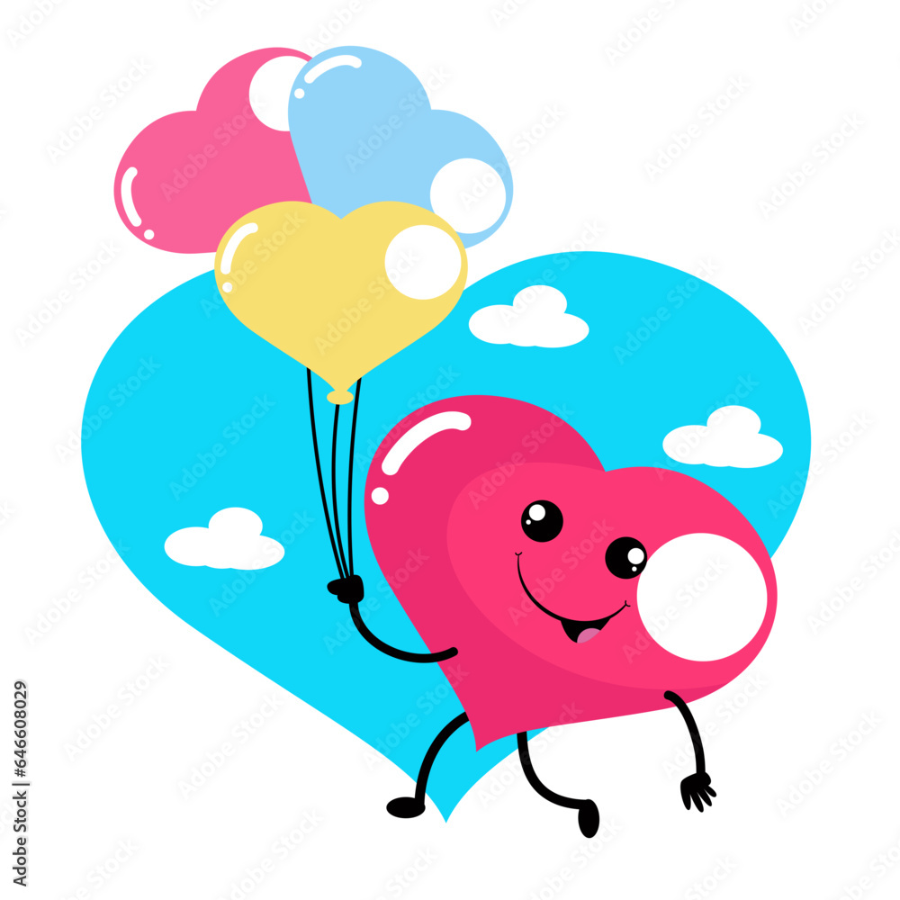 vector cute heart holding love ballon cartoon icon illustration
