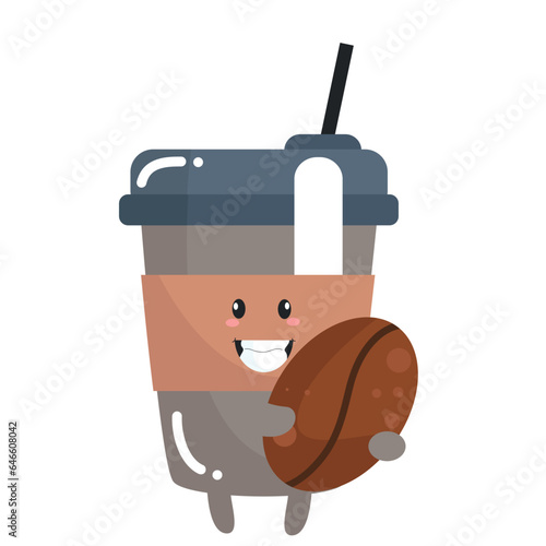 Vector funny cute happy cup of coffee holding coffee beans characters