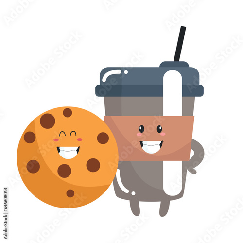 Vector funny cute happy cup of coffee with cookies characters