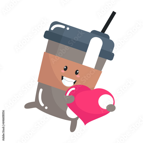 Vector funny cute happy cup of coffee holding heart characters
