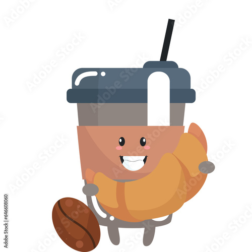 Vector funny cute happy cup of coffee holding a croissant characters