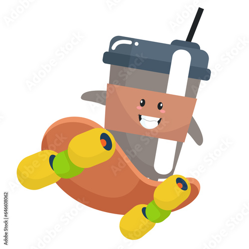 Vector funny cute happy cup of coffee skateboarding characters