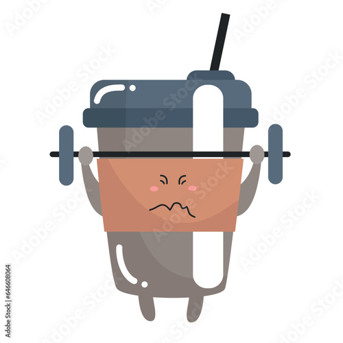 Vector funny cute happy cup of coffee weightlifting characters