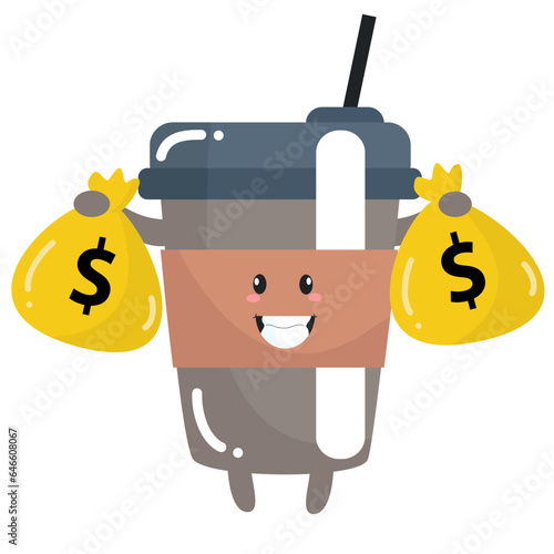 Vector funny cute happy cup of coffee holding sack of money characters