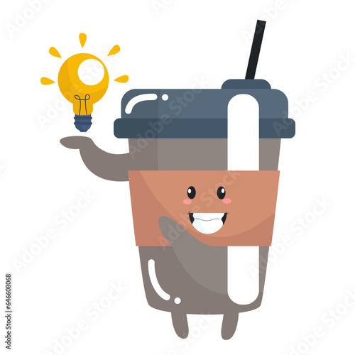 Vector funny cute happy cup of coffee with yellow light characters