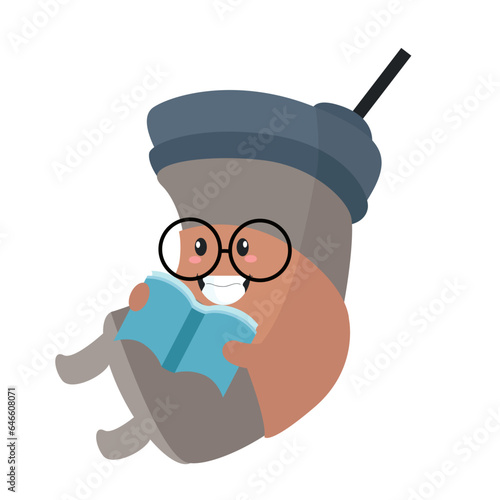 Vector funny cute happy cup of coffee reading book characters