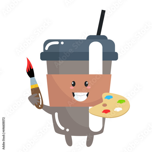 Vector funny cute happy cup of coffee painter characters