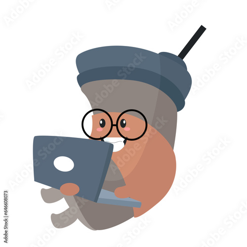 Vector funny cute happy cup of coffee wearing laptop characters