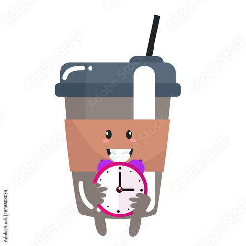 Vector funny cute happy cup of coffee holding alarm clock characters