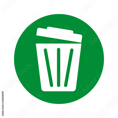 Trash can and delete icon on computer. Trash can in a green circle. Successful removal. Vector illustration. EPS 10.