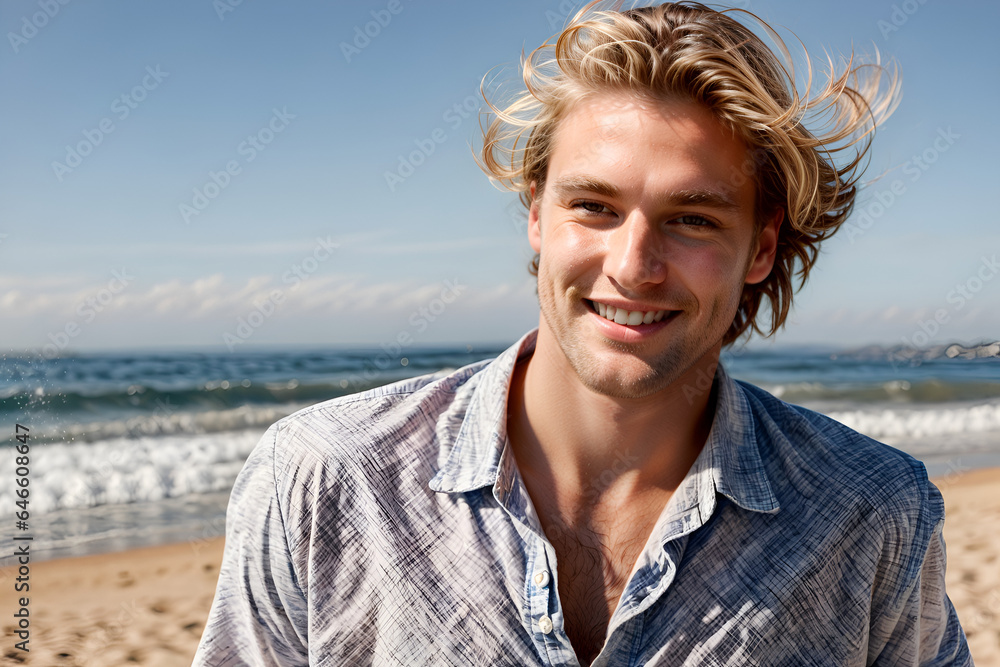 Blonde man, wide smile filled with excitement, essence of a carefree summer day Blonde man, wide smile filled with excitement, essence of a carefree summer day