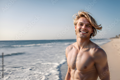Blonde man, wide smile filled with excitement, essence of a carefree summer day