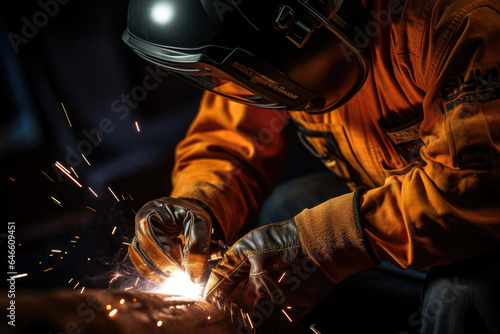 A close-up photograph focuses on a person\'s hands holding a welding torch, representing the skilled craftsmanship and artistry of various labor professions. Generative Ai.
