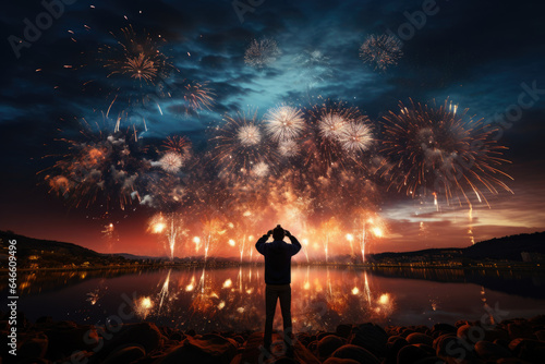 A person captures a firework display on Labor Day evening  symbolizing the celebration and recognition of the labor force s contributions. Generative Ai.