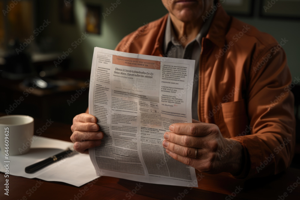 Naklejka premium A close-up shot showcases a person's hand holding a medical report, illustrating the process of seeking diagnosis and understanding the nature of pain and illness. Generative Ai.