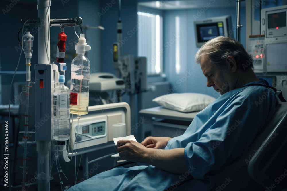 Obraz premium Hospital room with a patient's hand hooked up to an IV, portraying the reality of medical treatment during times of illness. Generative Ai.