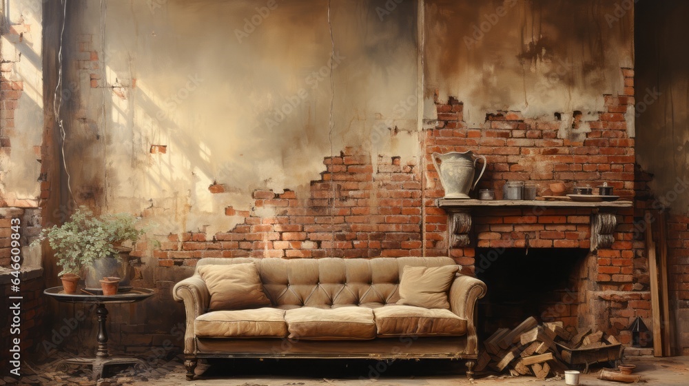 An illustration of a painted interior with aged painted brick. Generative AI. An illustration of a painted interior with aged painted brick. Generative AI.