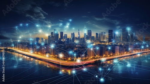 Big data connection technology. Cityscape telecommunication and communication network concept. Smart city and digital transformation.
