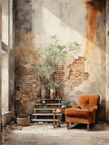 An illustration of a painted interior with aged painted brick. Generative AI. 