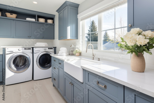 Serene Laundry Room in Contemporary Farmhouse Style with White and Navy Blue Color Scheme