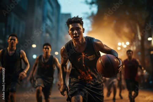 A group of friends engage in a friendly basketball match, embodying the importance of physical activity and social interaction within a active lifestyle. Generative Ai.