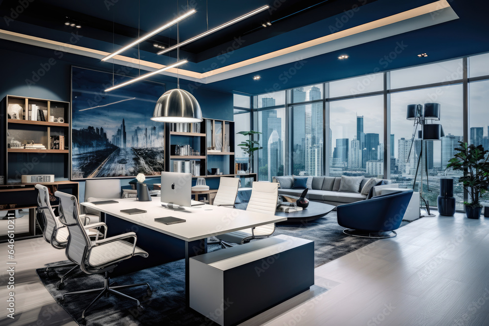 Elegance in Navy: A Captivating Office Interior that Exudes Sophistication and Tranquility Elegance in Navy: A Captivating Office Interior that Exudes Sophistication and Tranquility
