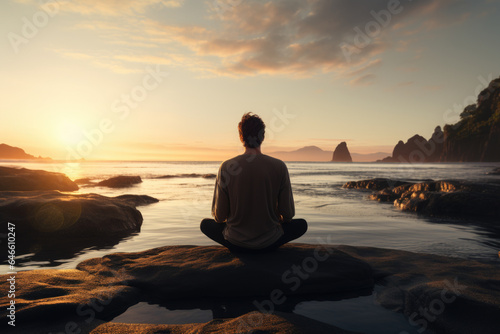 A person practices mindfulness meditation on a serene beach, embracing the calming and holistic aspects of a mindful lifestyle. Generative Ai.