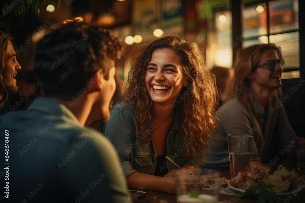Laughter and camaraderie of a group of friends sharing a meal at a local restaurant, celebrating the connections that enrich daily life. Generative Ai.