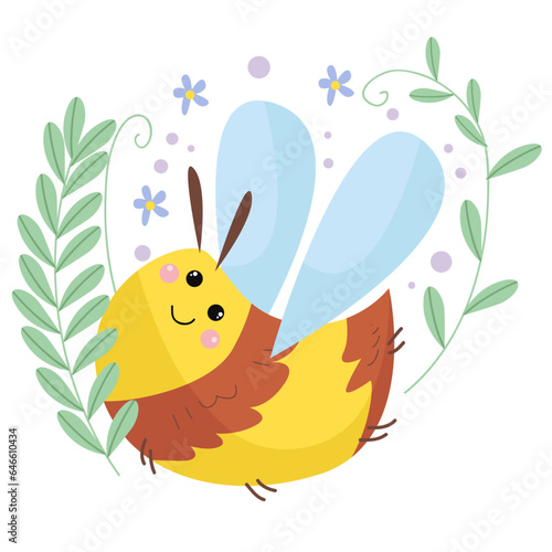  vector hand drawn cartoon bee illustration with a background of leaves and flowers