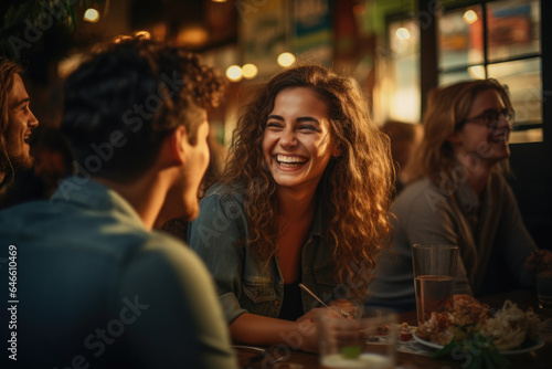 Laughter and camaraderie of a group of friends sharing a meal at a local restaurant  celebrating the connections that enrich daily life. Generative Ai.