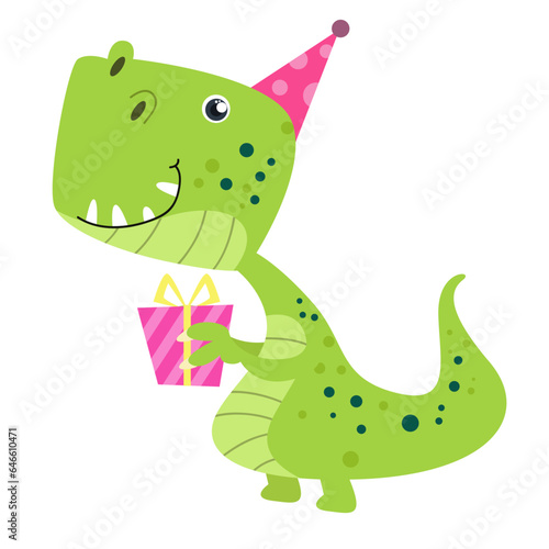 Vector happy birthday with dinosaur green t-rex and gifts