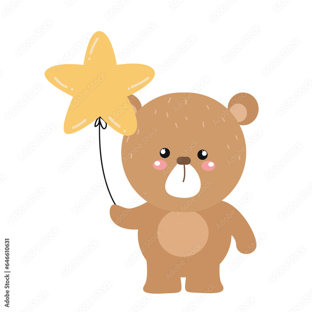 Cute little bear holding colored balloons
