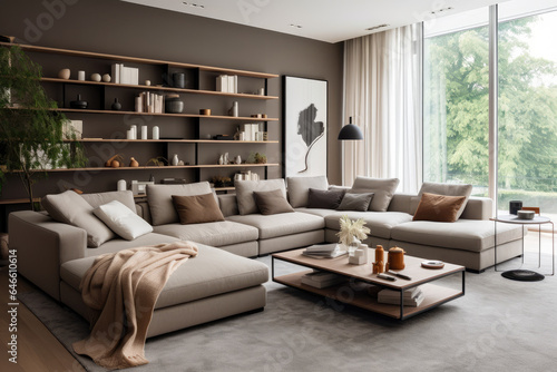 A Cozy and Chic Modern Living Room Interior in Khaki Colors