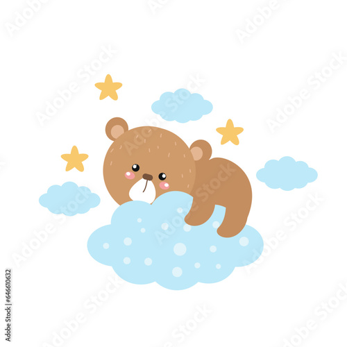 Vector cute baby bear sleeping on the clouds