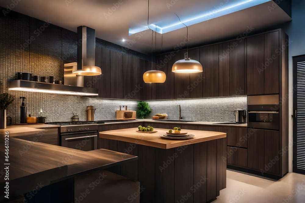 The design of an italicize kitchen with soft lighting 