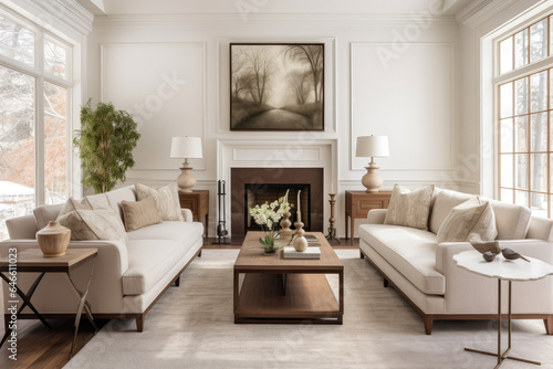 A Welcoming and Elegant Transitional Style Living Room Interior with Cozy Texture and Timeless Charm © aicandy