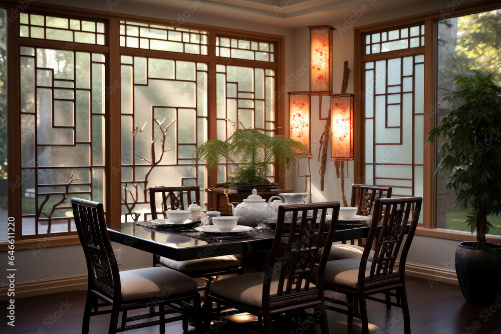 Elegant Asian-inspired Dining Room Interior with Bamboo Furniture and Serene Colors