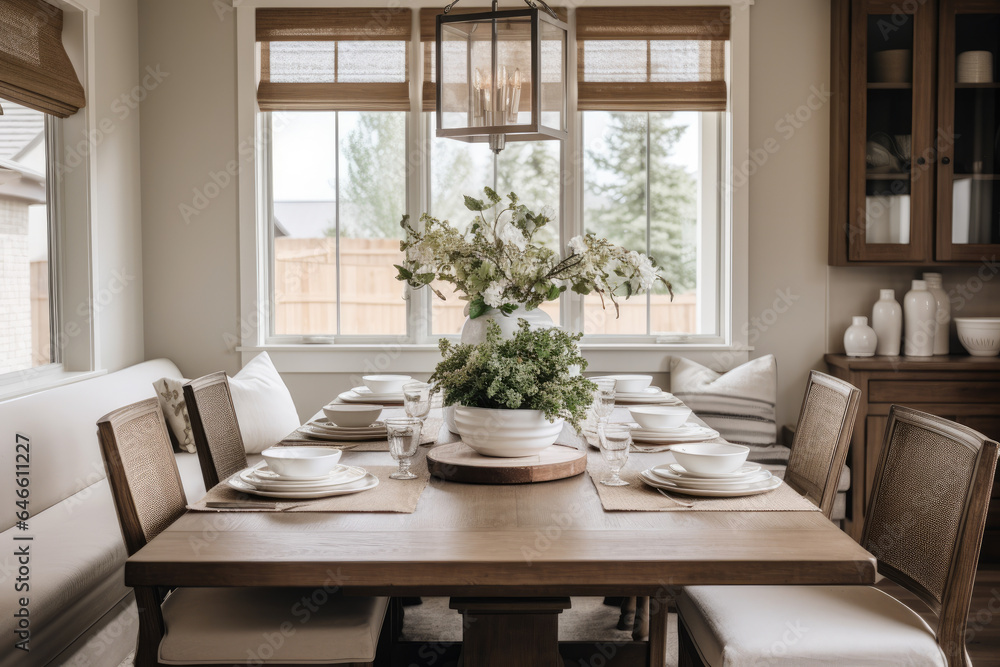 Cozy Dining Room Interior in Modern Farmhouse Style with Neutral Colors and Rustic Accents: A Perfect Blend of Elegance and Comfort