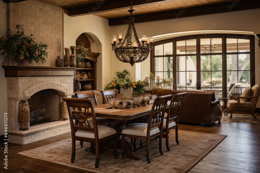 A Warm and Inviting Traditional Spanish Dining Room with Dark Wood Furniture and Earthy Tones