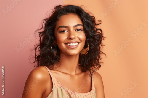 A stunning Indian woman smiling at the camera against a pastel background. Generative AI  AI.