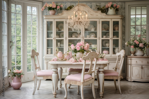 Elegant Vintage Shabby Chic Dining Room with Distressed Furniture and Soft Pastel Colors Creating a Charming Ambiance