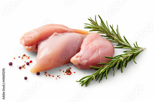 Chicken breast meat and herbs isolated on white, Generative AI
