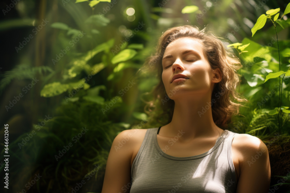 A person practices deep breathing exercises against a backdrop of lush greenery, demonstrating the importance of mindful breathing for wellbeing. Generative Ai. A person practices deep breathing exercises against a backdrop of lush greenery, demonstrating the importance of mindful breathing for wellbeing. Generative Ai.