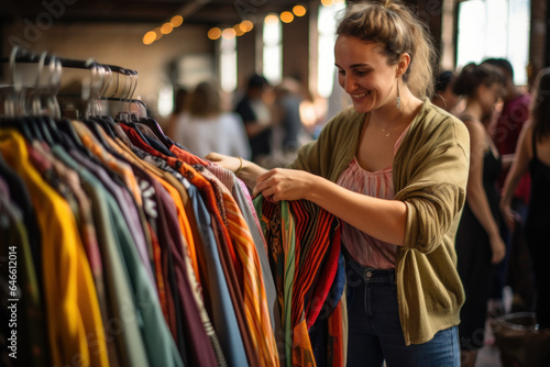 A person takes part in a clothing swap event organized by a sustainable fashion brand, fostering a culture of reuse and sharing. Generative Ai.